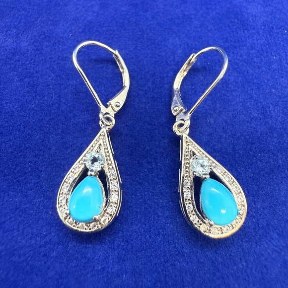 Designer BBJ Sterling Silver Turquoise Earrings Dangle CZ Accents